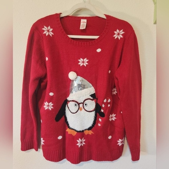 Holiday Time Red Ugly Christmas Sweater Penguin Sequins Snowflakes Large - Picture 1 of 7